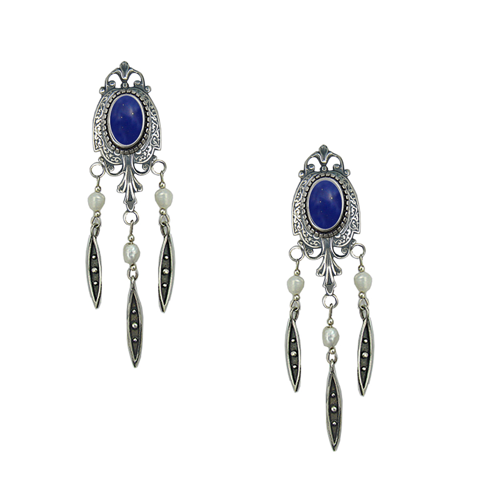 Sterling Silver Victorian Style Drop Dangle Earrings With Lapis Lazuli